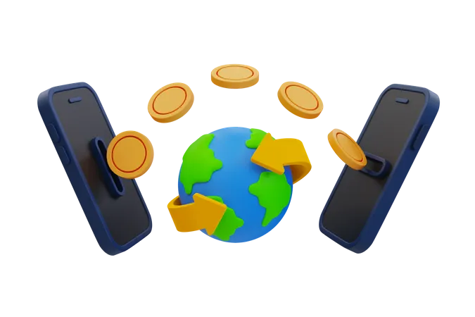 3 D Minimal Global Transaction International Money Exchange Smartphone With A Globe And Money Transfer 3 D Illustration 3D Icon
