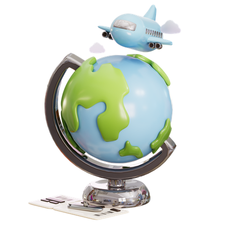 Globe With Flight Ticket And Airplane  3D Icon