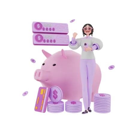 Glückliche Frau überweist Geld für Sparschwein  3D Illustration