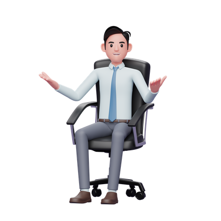 Glücklich erfolgreicher Geschäftsmann mit offenen Händen im Bürostuhl sitzend  3D Illustration