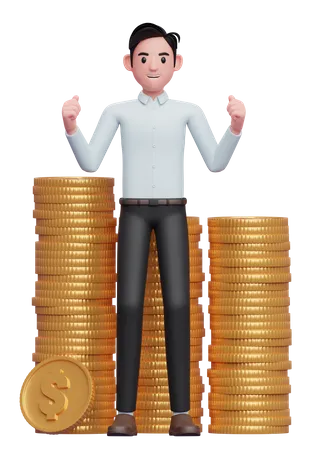 Glücklicher Geschäftsmann im blauen Hemd bekommt viele Stapel Goldmünzen  3D Illustration