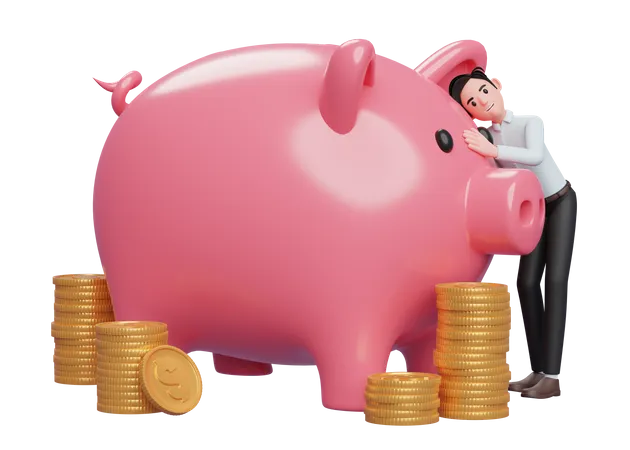 Glücklicher Geschäftsmann im blauen Kleid umarmt ein großes rosa Sparschwein und spart Goldmünzen für die Zukunft  3D Illustration