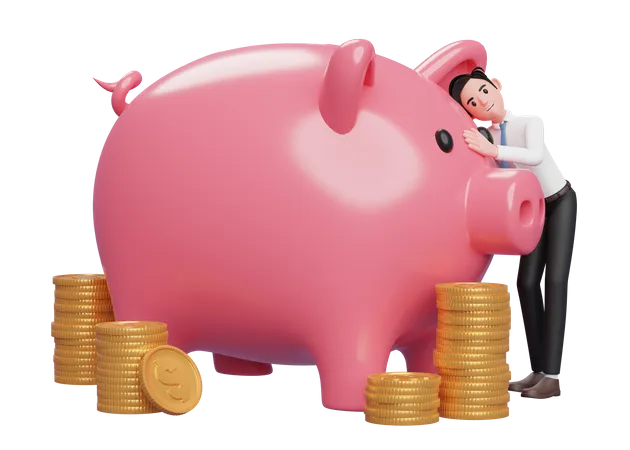 Glücklich Geschäftsmann in weißem Hemd blaue Krawatte umarmt große rosa Sparschwein spart Goldmünzen  3D Illustration