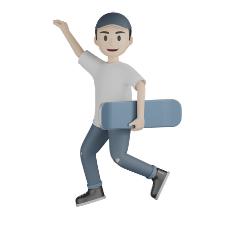 Glücklicher Junge springt, während er Skateboard hält  3D Illustration