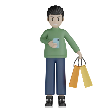 Glücklicher Junge steht mit Einkaufstüten  3D Illustration