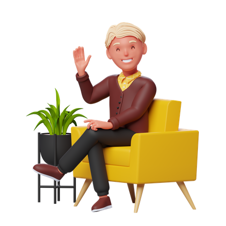 Glücklicher Junge winkende Hand beim Sitzen auf dem Sofa  3D Illustration