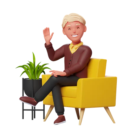 Glücklicher Junge winkende Hand beim Sitzen auf dem Sofa  3D Illustration