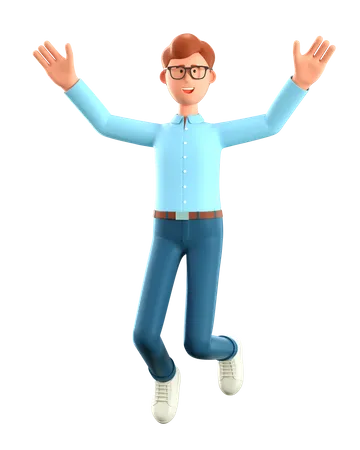 3 D Illustration Eines Glucklichen Lachelnden Mannes Der Springt Und Den Erfolg Feiert Cartoon Gewinnender Geschaftsmann Mit Seinen Handen In Der Luft 3D Illustration