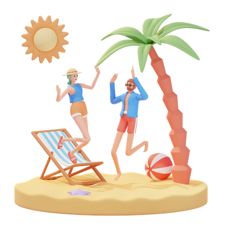 Glücklicher Mann und Frau genießen Sommerurlaub am Strand  3D Illustration