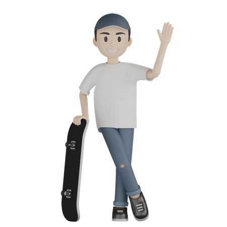 Glücklicher Skateboarder webt Hand mit Skateboard  3D Illustration