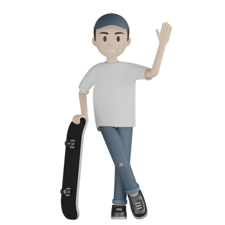 Glücklicher Skateboarder webt Hand mit Skateboard  3D Illustration