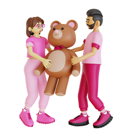 Glückliches Paar hält Teddybär zusammen  3D Illustration