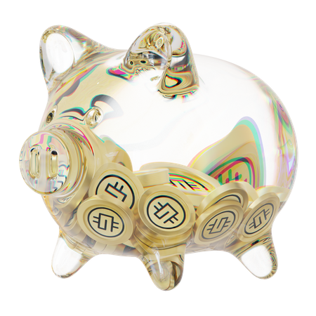 Gmt Clear Glass Piggy Bank With Decreasing Piles Of Crypto Coins  3D Icon