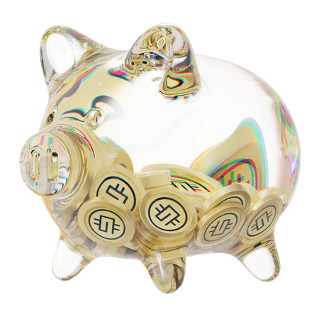 GMT-Sparschwein aus klarem Glas mit abnehmendem Stapel an Kryptomünzen  3D Icon