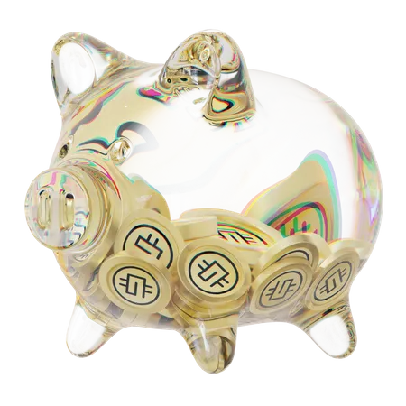 GMT-Sparschwein aus klarem Glas mit abnehmendem Stapel an Kryptomünzen  3D Icon