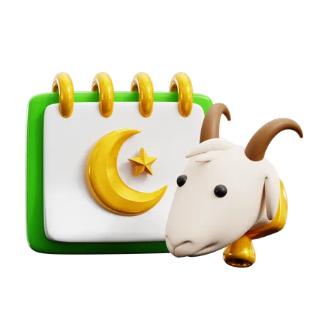 Goat Head With Islamic Calendar For Livestock Animal Sacrifice Eid Adha Mubarak Calendar Event Time 3 D Icon Illustration Render Design 3D Icon