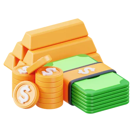 Gold bar and money  3D Icon
