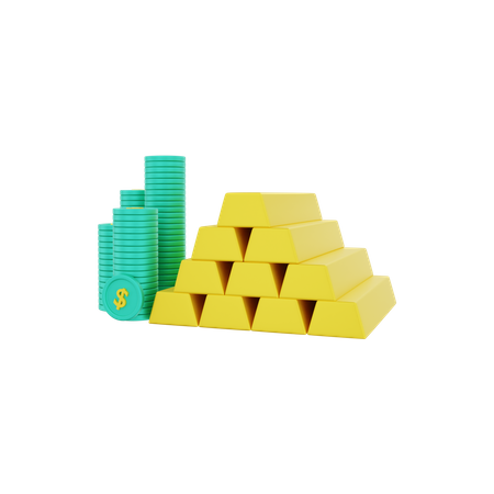 Gold bars with pile of dollar coins  3D Illustration
