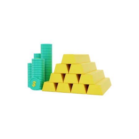 Gold bars with pile of dollar coins  3D Illustration