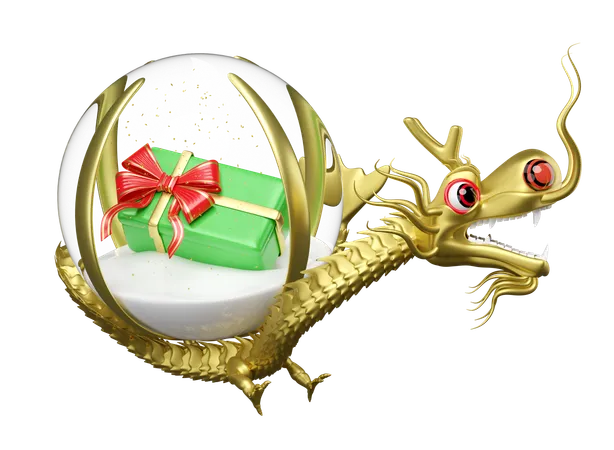 3 D Gold Chinese Dragon With Decorative Snow Globe Glass Transparent Gift Box Merry Christmas And Happy New Year 3 D Render Illustration 3D Icon
