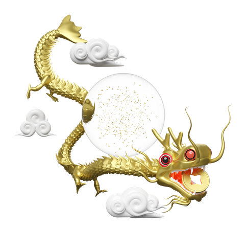 Gold Chinese Dragon with globe glass  3D Illustration