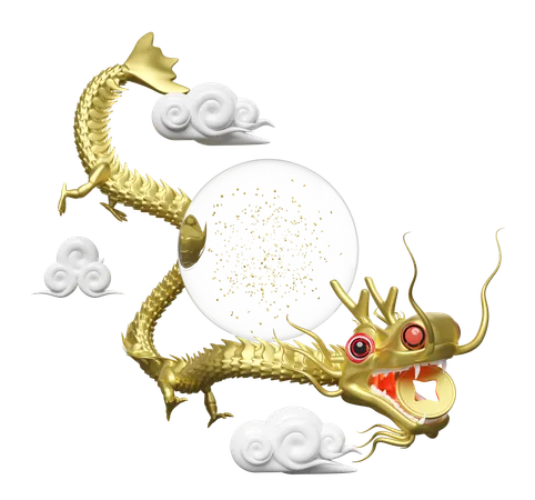 3 D Gold Chinese Dragon With Decorative Snow Globe Glass Transparent Cloud Coin Merry Christmas And Happy Chinese New Year 3 D Render Illustration 3D Illustration