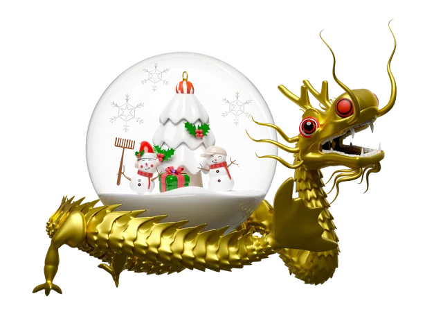 3 D Gold Dragon With Snow Ball Ornaments Glass Transparent Snowman And Friend Pine Tree Gift Box Hat Snowflake Merry Christmas And Happy New Year 3 D Render Illustration 3D Illustration