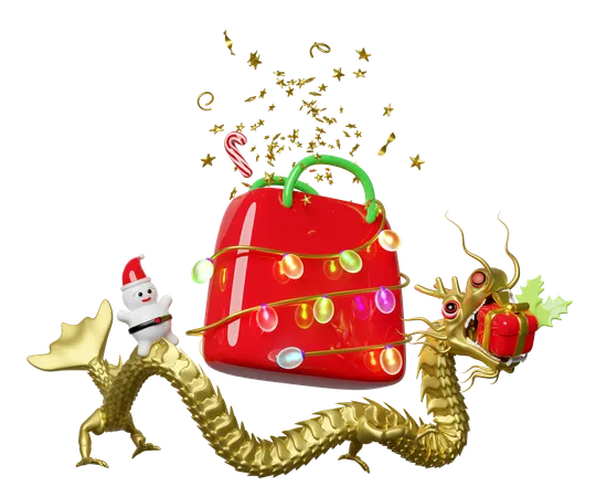 3 D Gold Dragon With Shopping Paper Bags Glass Transparent Lamp Garlands Gift Box Santa Claus Merry Christmas And Happy Chinese New Year 3 D Render Illustration 3D Illustration