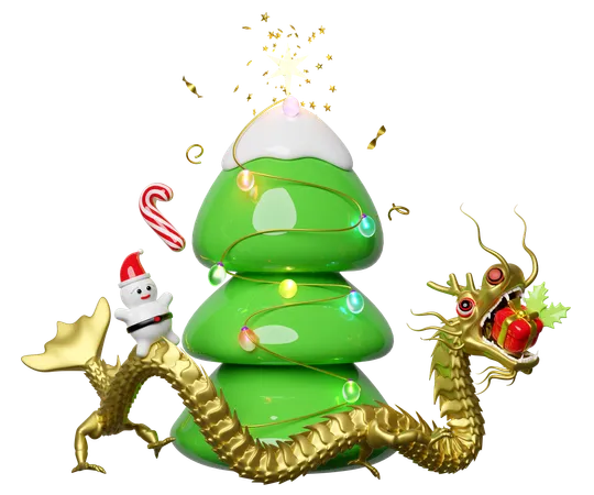 3 D Gold Dragon With Christmas Tree Glass Transparent Lamp Garlands Gift Box Santa Claus Merry Christmas And Happy Chinese New Year 3 D Render Illustration 3D Illustration