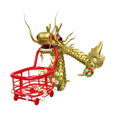 3 D Gold Dragon With Shopping Carts Empty Glass Transparent Lamp Garlands Online Shopping Sale Merry Christmas And Happy Chinese New Year 3 D Render Illustration 3D Illustration