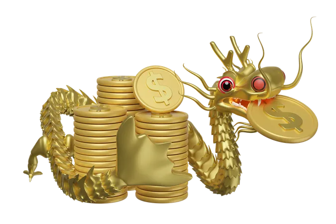 3 D Gold Dragon With Gold Dollar Coins Stacks Chinese New Year 2024 Capricorn 3 D Render Illustration 3D Icon