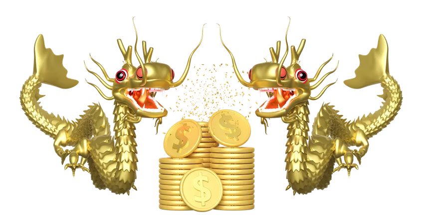 3 D Two Gold Dragon With Gold Dollar Coins Stacks Chinese New Year 2024 Capricorn 3 D Render Illustration 3D Icon