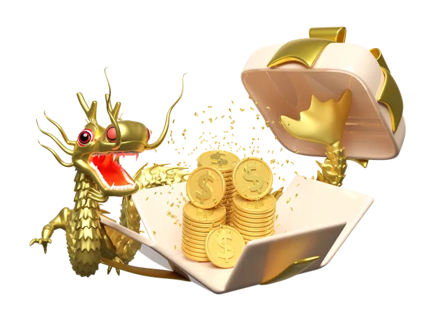 3 D Gift Box With Gold Dragon Dollar Coins Stacks Chinese New Year 2024 Capricorn 3 D Render Illustration 3D Icon