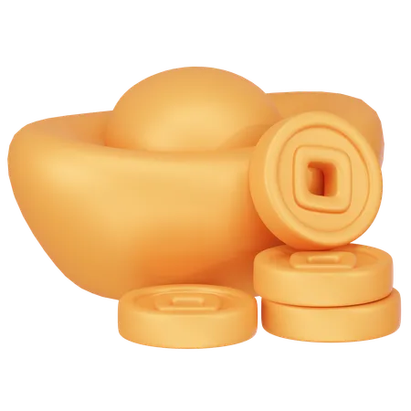 Gold Coins And Chinese Gold Ingot 3 D Icon Render 3D Icon