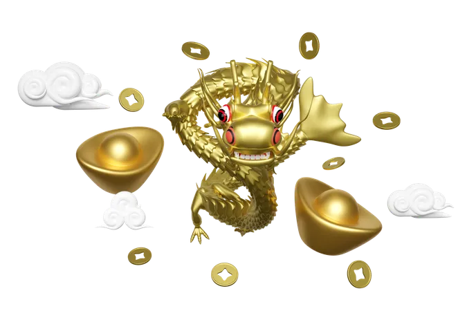Chinese Gold Ingot With Dragon Cloud Coin Chinese New Year 2024 Capricorn 3 D Render Illustration 3D Icon