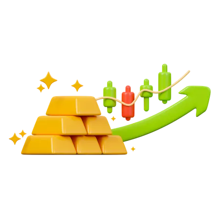 Gold Investment 3 D Icon Gold Ingots With Uptrend Candlestick Graph And Arrow 3D Icon