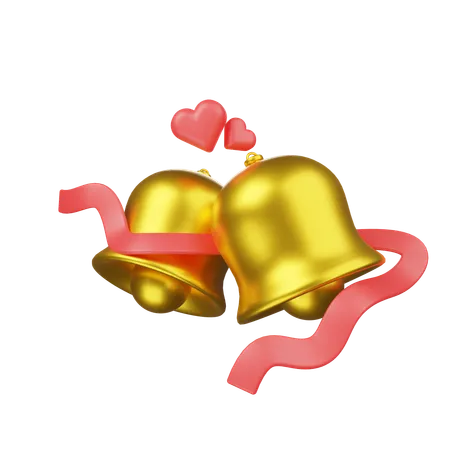 Gold Wedding Bells With Hearts And Ribbon  3D Icon