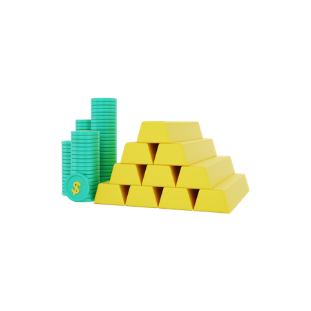 Goldbarren mit Haufen von Dollarmünzen  3D Illustration