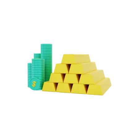 Goldbarren mit Haufen von Dollarmünzen  3D Illustration