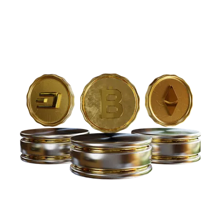 Golden crypto coins with podium 3D Illustration
