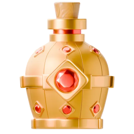 A Golden Elixir Bottle With A Combination Of Golden And Red Diamond Like Details Set In A Wooden Frame Perfect For 3 D Game Design 3D Icon