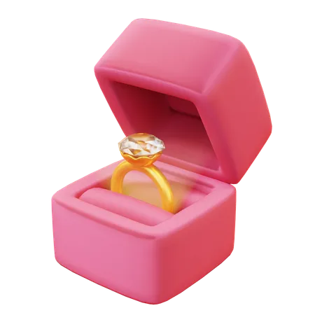 Cute Cartoon 3 D Golden Ring With Diamond In Box Female Jewelery With Carat Clear Platinum Metal Accessory Wedding Ring Happy Valentines Day Anniversary Wedding Love Concept 3D Icon