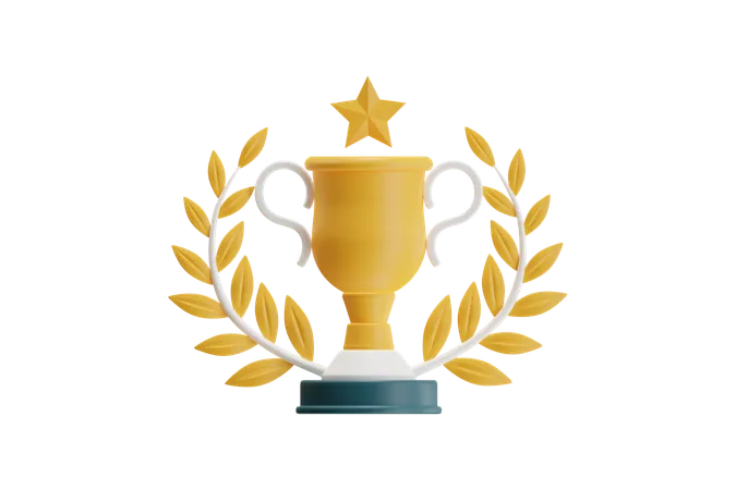 Golden Trophy With Laurel Wreath And Star  3D Icon