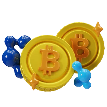 Goldene Bitcoin-Token mit blauen Molekülen  3D Illustration