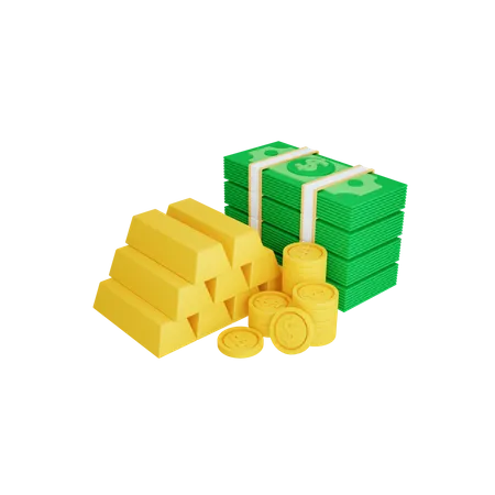 3 D Rendering Von Geld Und Goldbarren Isoliert Nutzlich Fur Die Designillustration Von Geschafts Und Finanzwesen 3D Illustration