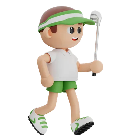 Golfspieler zu Fuß mit Golfstock  3D Illustration