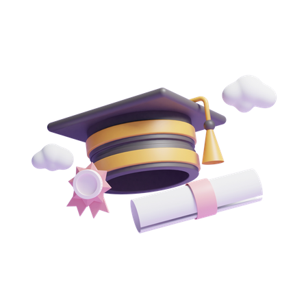 Sombrero de graduación y certificado  3D Icon