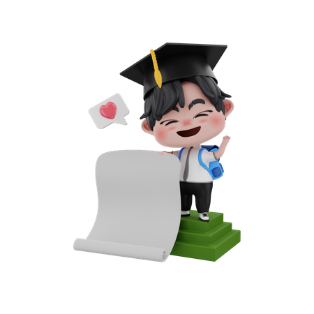 Garoto graduado segurando papel em branco  3D Illustration