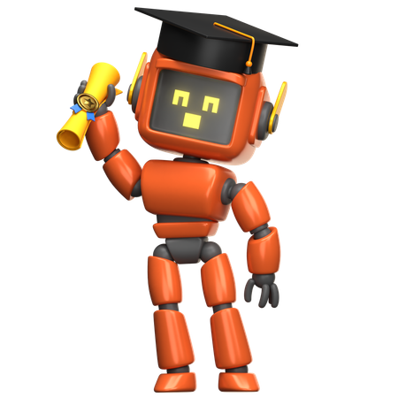 Graduado robot naranja con diploma  3D Illustration