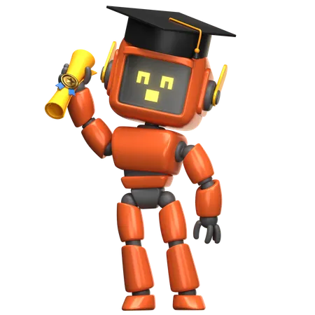 Graduado robot naranja con diploma  3D Illustration